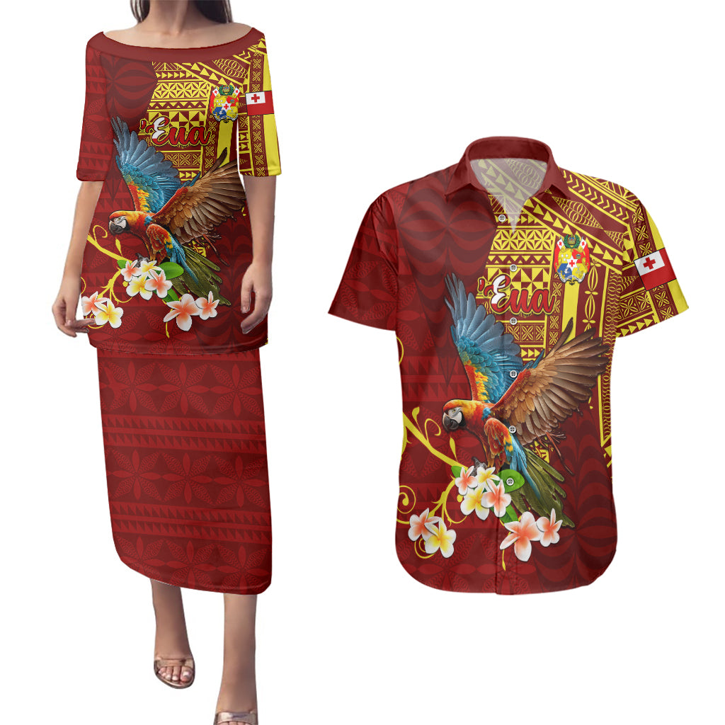 Personalized Tonga Eua Couples Matching Puletasi Dress and Hawaiian Shirt Maroon Shining Parrot Coat Of Arms With Ngatu Pattern LT05 Red - Polynesian Pride