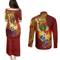 Personalized Tonga Eua Couples Matching Puletasi Dress and Long Sleeve Button Shirts Maroon Shining Parrot Coat Of Arms With Ngatu Pattern LT05 - Polynesian Pride