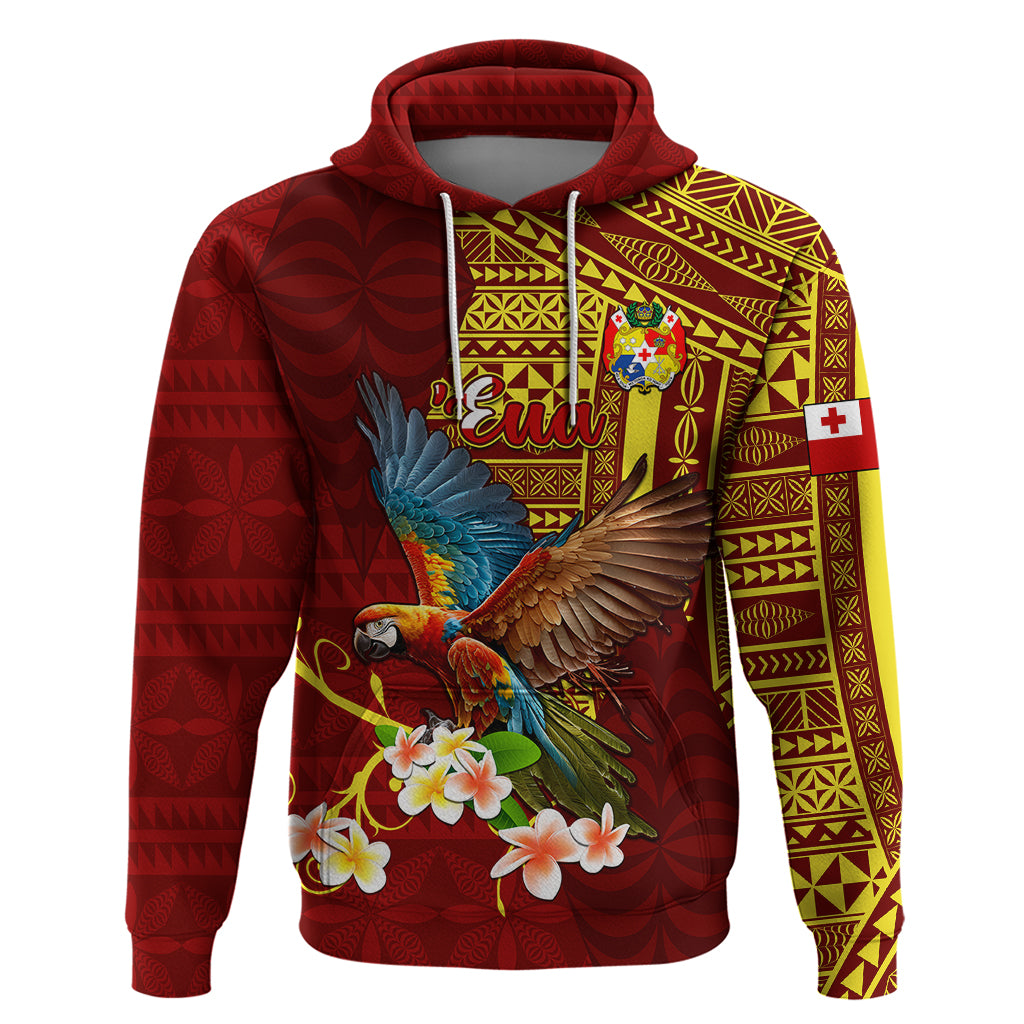 Personalized Tonga Eua Hoodie Maroon Shining Parrot Coat Of Arms With Ngatu Pattern LT05 Red - Polynesian Pride