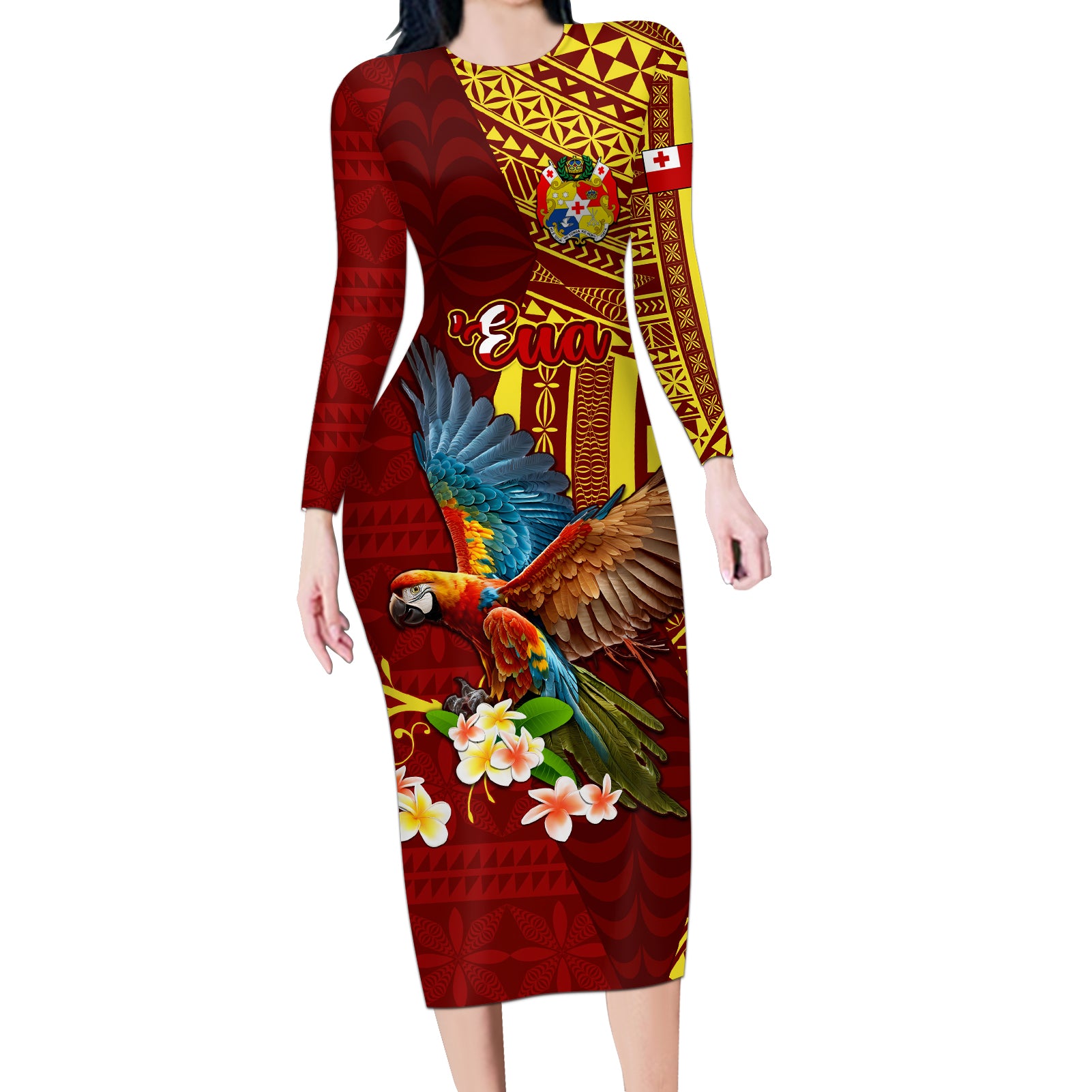 Personalized Tonga Eua Long Sleeve Bodycon Dress Maroon Shining Parrot Coat Of Arms With Ngatu Pattern LT05 Long Dress Red - Polynesian Pride