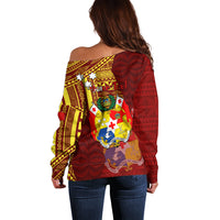 Personalized Tonga Eua Off Shoulder Sweater Maroon Shining Parrot Coat Of Arms With Ngatu Pattern LT05 - Polynesian Pride