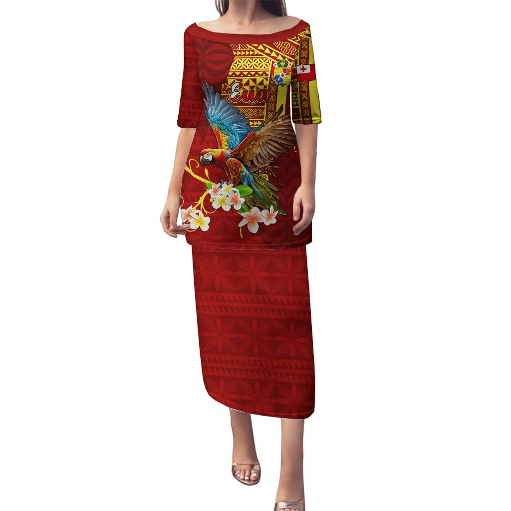 Personalized Tonga Eua Puletasi Maroon Shining Parrot Coat Of Arms With Ngatu Pattern LT05 Long Dress Red - Polynesian Pride