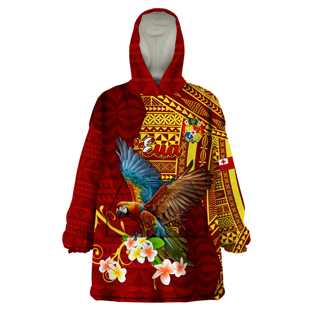 Personalized Tonga Eua Wearable Blanket Hoodie Maroon Shining Parrot Coat Of Arms With Ngatu Pattern LT05 One Size Red - Polynesian Pride