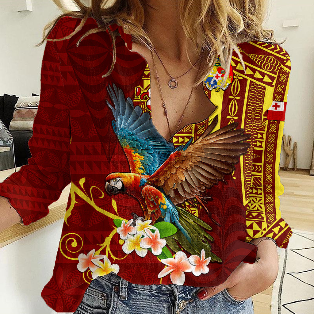 Personalized Tonga Eua Women Casual Shirt Maroon Shining Parrot Coat Of Arms With Ngatu Pattern LT05 Female Red - Polynesian Pride