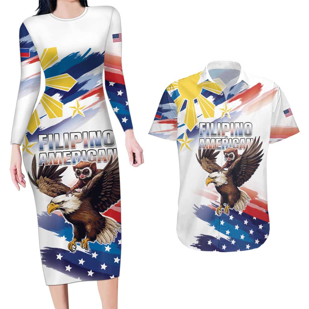 Filipino American History Month Couples Matching Long Sleeve Bodycon Dress and Hawaiian Shirt Bald Eagle Tarsier Together