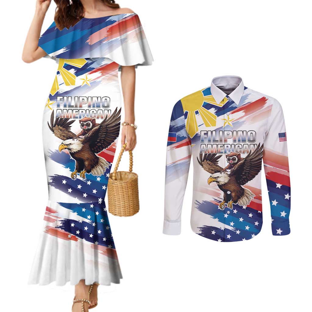 Filipino American History Month Couples Matching Mermaid Dress and Long Sleeve Button Shirt Bald Eagle Tarsier Together