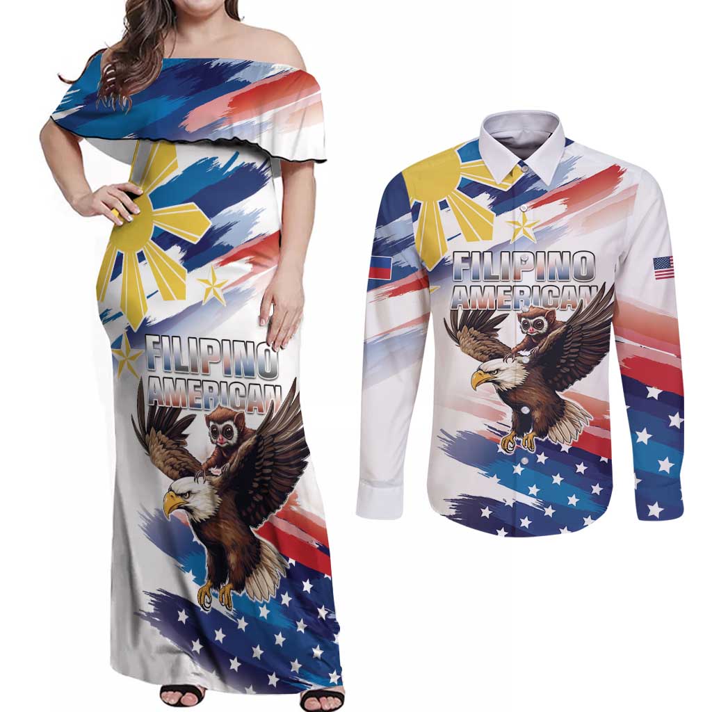 Filipino American History Month Couples Matching Off Shoulder Maxi Dress and Long Sleeve Button Shirt Bald Eagle Tarsier Together