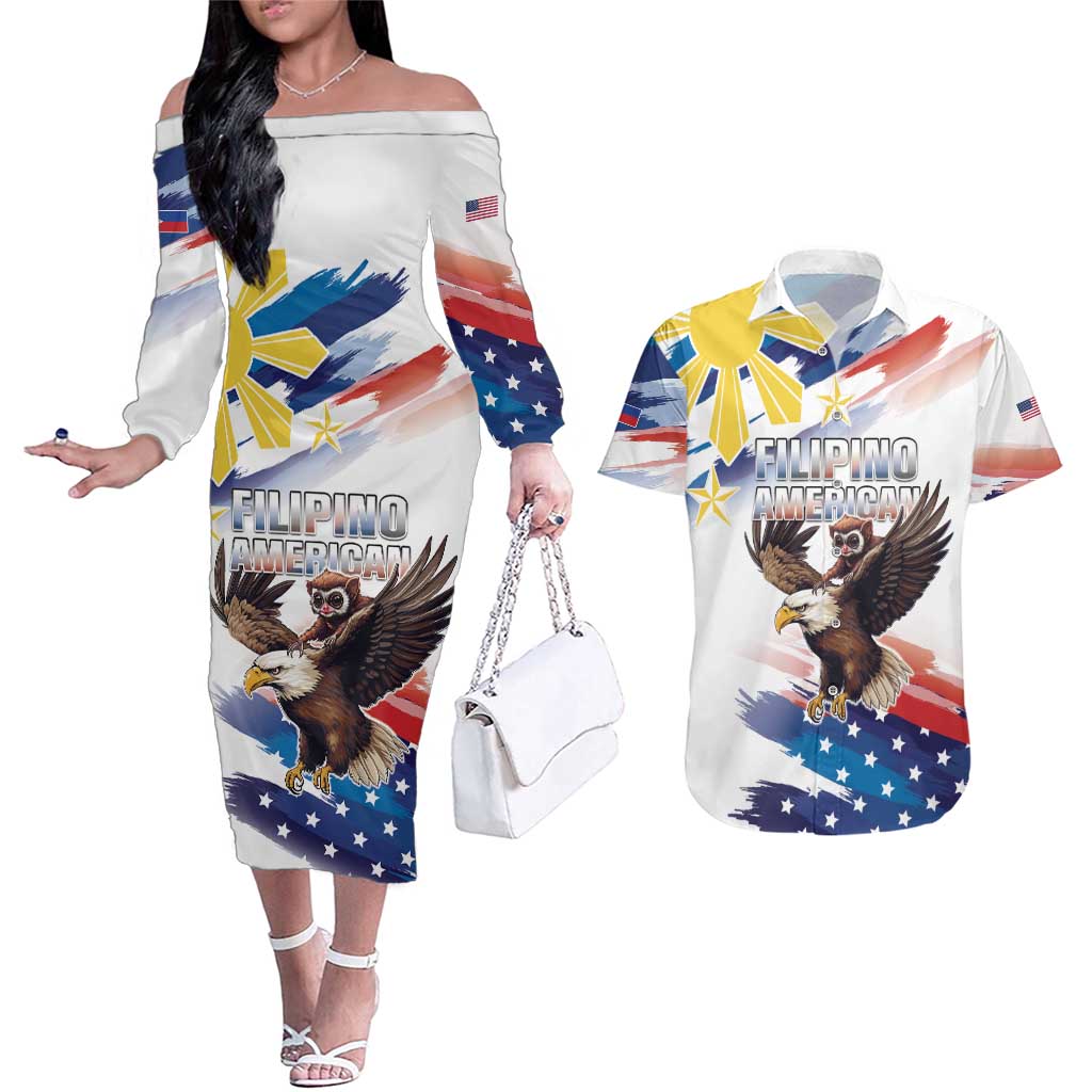 Filipino American History Month Couples Matching Off The Shoulder Long Sleeve Dress and Hawaiian Shirt Bald Eagle Tarsier Together