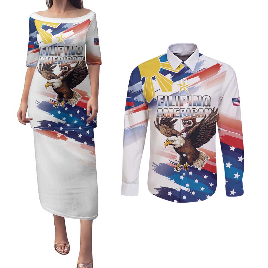 Filipino American History Month Couples Matching Puletasi and Long Sleeve Button Shirt Bald Eagle Tarsier Together LT05 White - Polynesian Pride