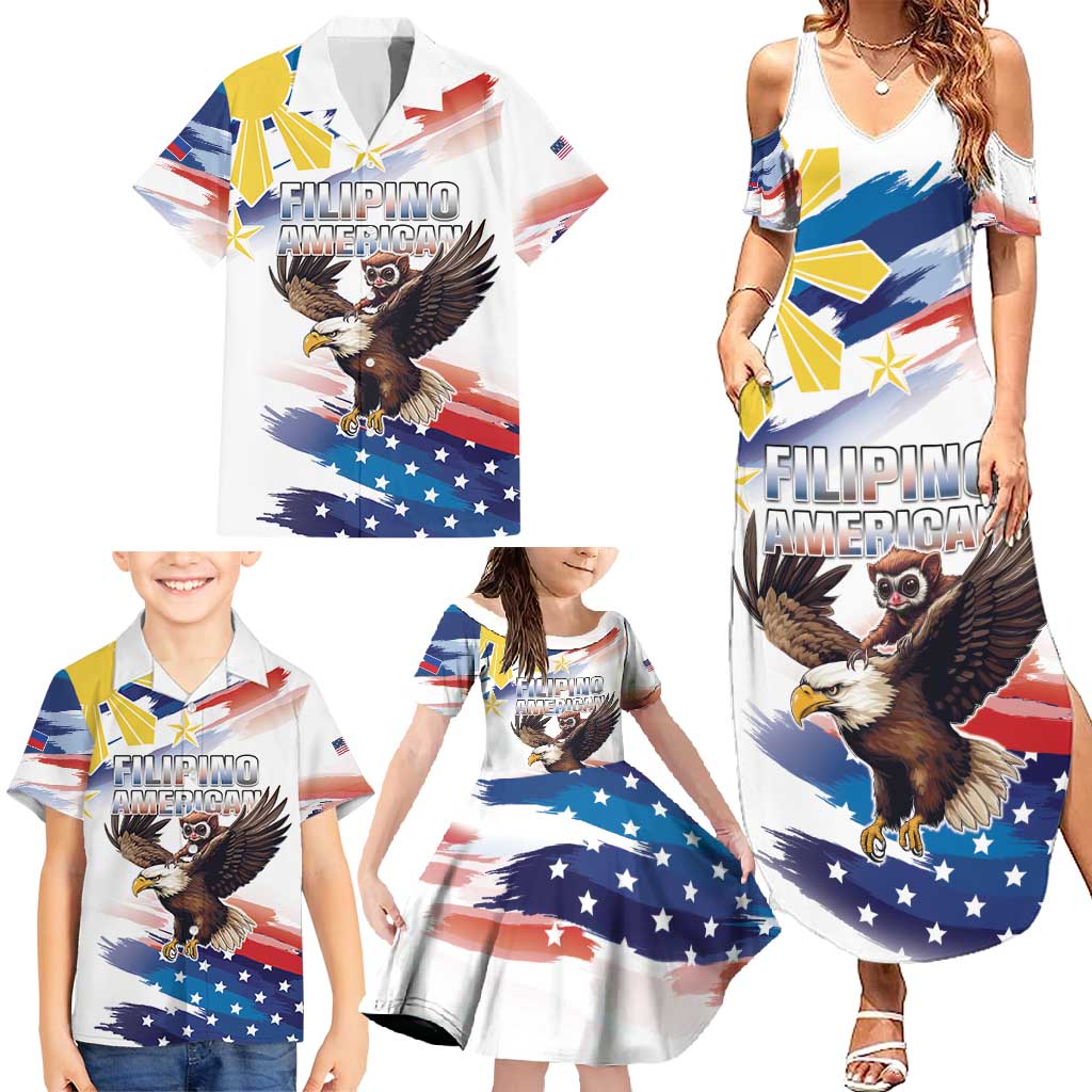 Filipino American History Month Family Matching Summer Maxi Dress and Hawaiian Shirt Bald Eagle Tarsier Together