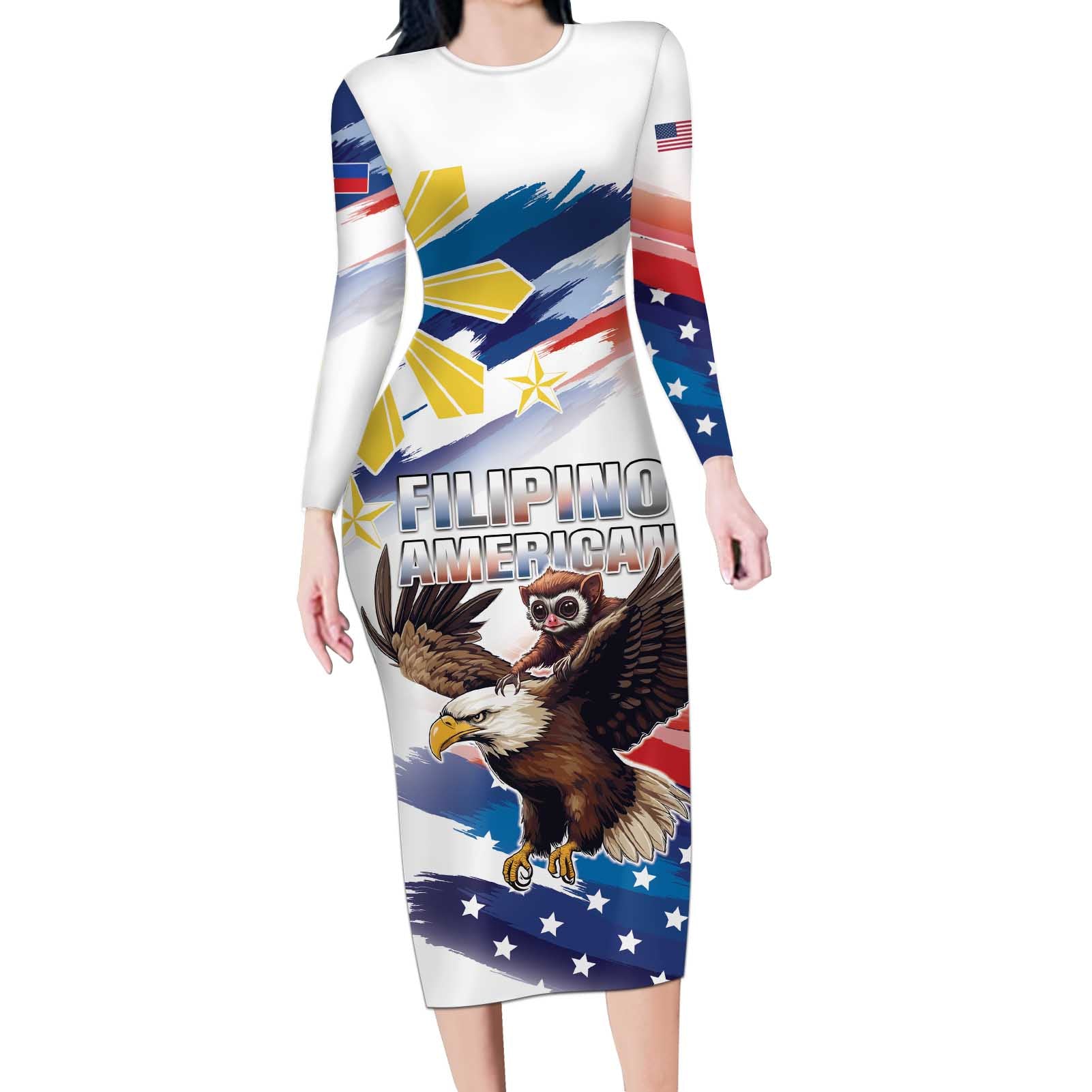 Filipino American History Month Long Sleeve Bodycon Dress Bald Eagle Tarsier Together