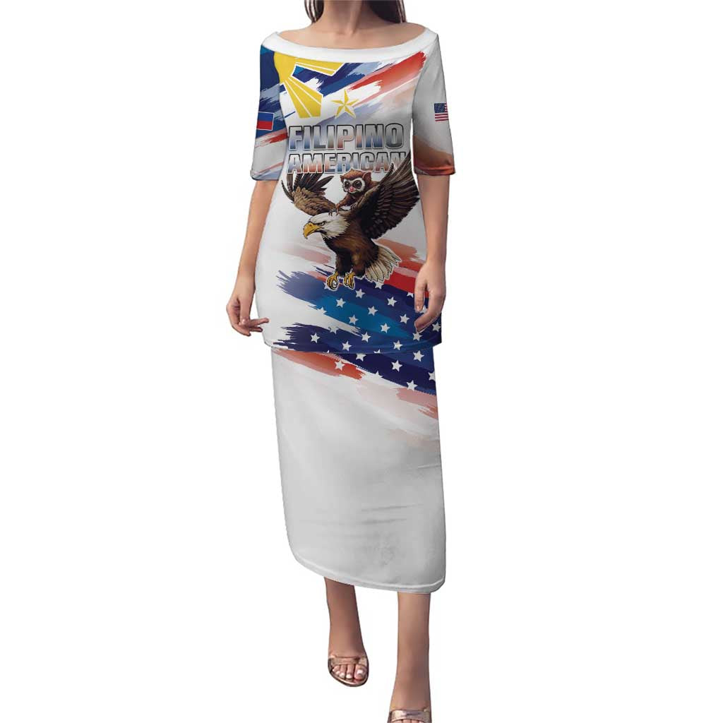 Filipino American History Month Puletasi Bald Eagle Tarsier Together LT05 Long Dress White - Polynesian Pride