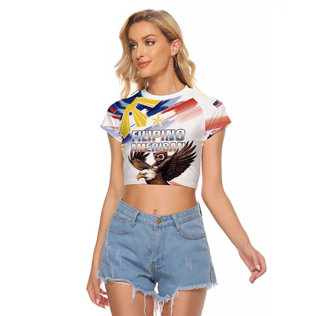 Filipino American History Month Raglan Cropped T Shirt Bald Eagle Tarsier Together LT05 Female White - Polynesian Pride