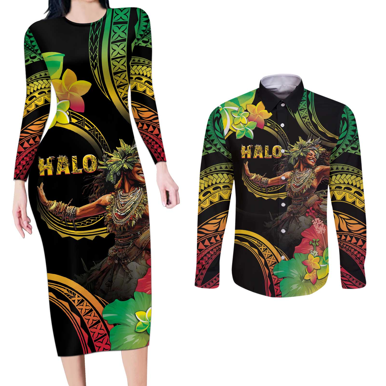 Halo Vanuatu Couples Matching Long Sleeve Bodycon Dress and Long Sleeve Button Shirt Beautiful Woman Dancing