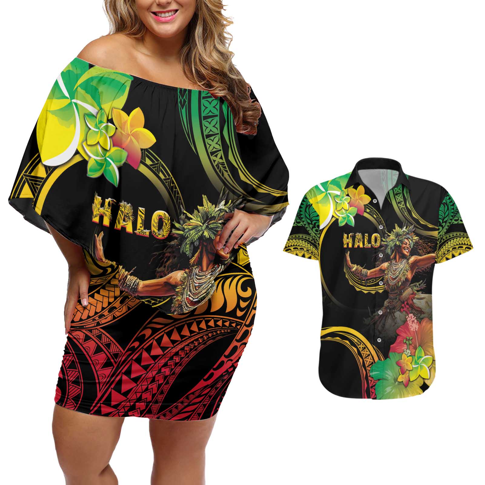 Halo Vanuatu Couples Matching Off Shoulder Short Dress and Hawaiian Shirt Beautiful Woman Dancing