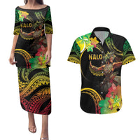 Halo Vanuatu Couples Matching Puletasi and Hawaiian Shirt Beautiful Woman Dancing LT05 Black - Polynesian Pride