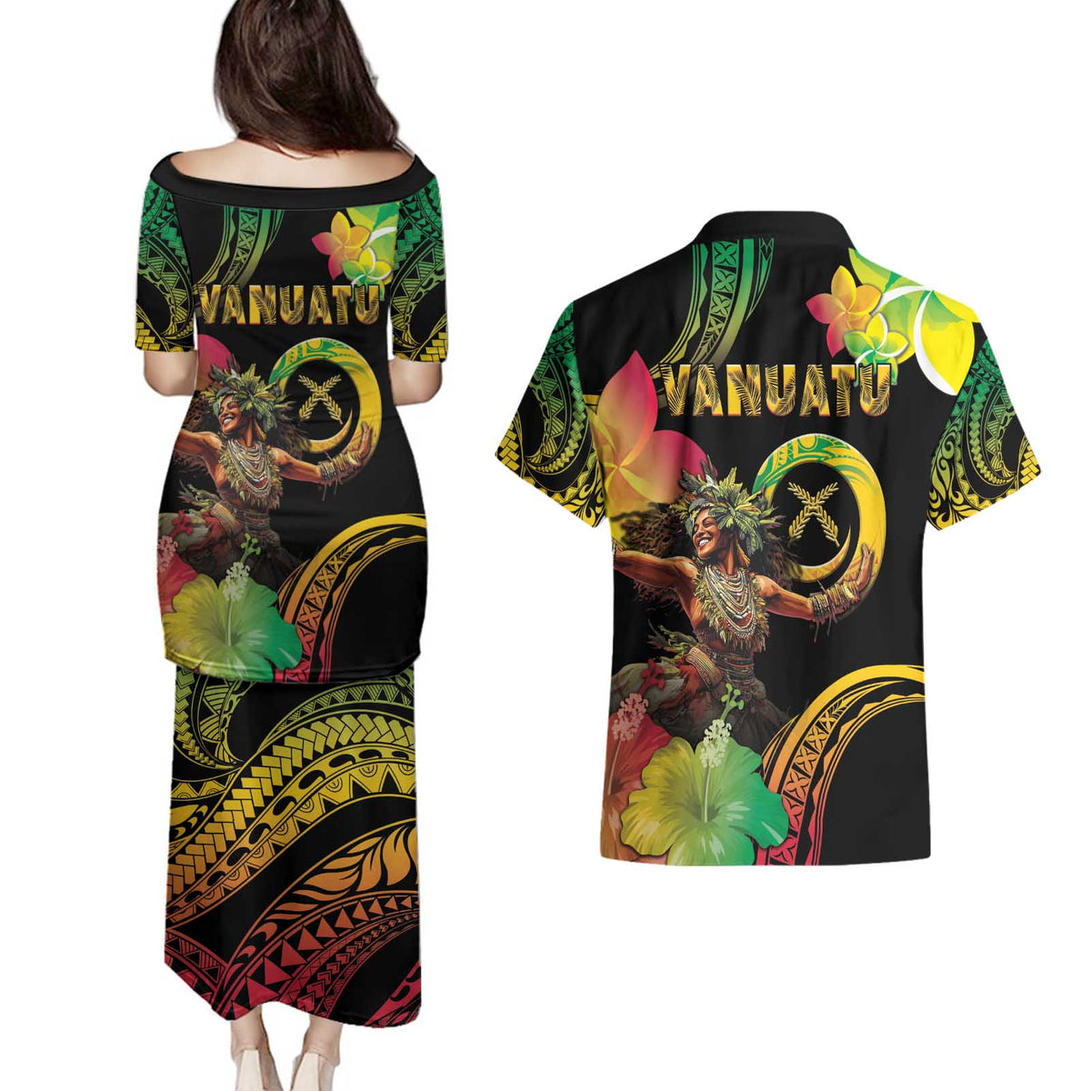 Halo Vanuatu Couples Matching Puletasi and Hawaiian Shirt Beautiful Woman Dancing LT05 - Polynesian Pride