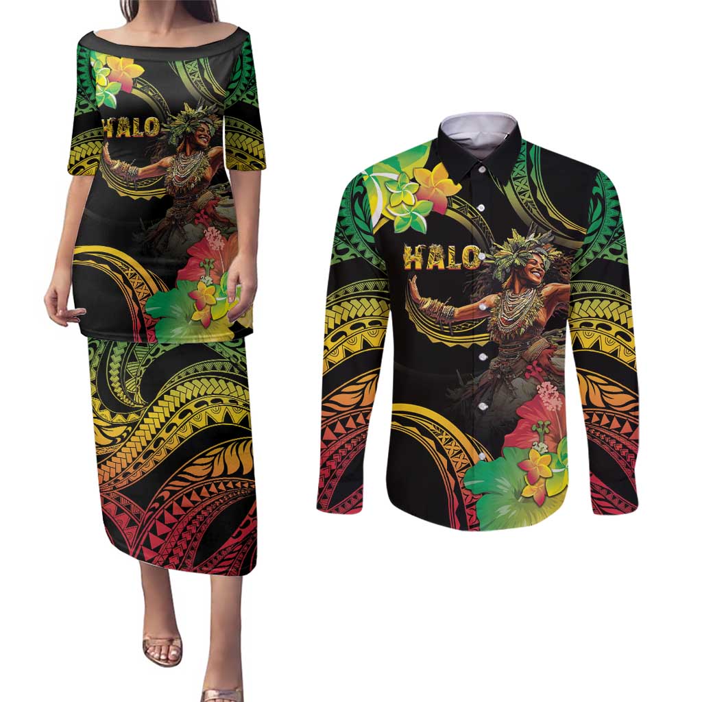 Halo Vanuatu Couples Matching Puletasi and Long Sleeve Button Shirt Beautiful Woman Dancing LT05 Black - Polynesian Pride