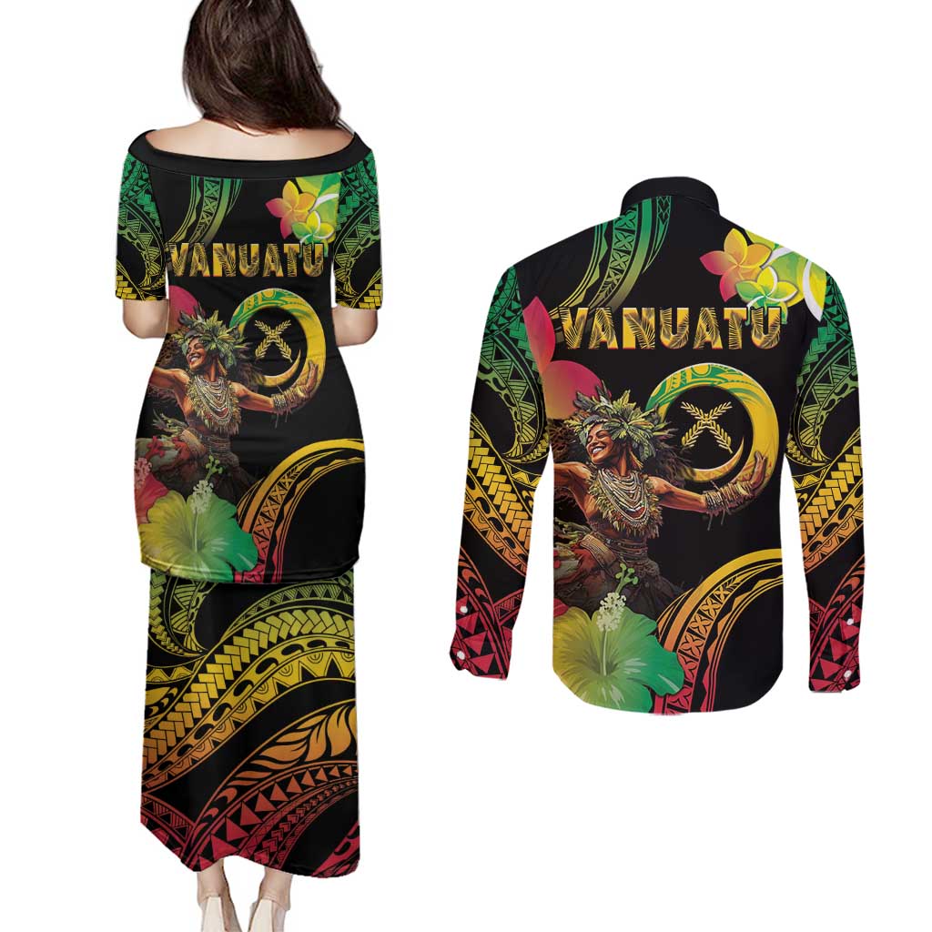 Halo Vanuatu Couples Matching Puletasi and Long Sleeve Button Shirt Beautiful Woman Dancing LT05 - Polynesian Pride
