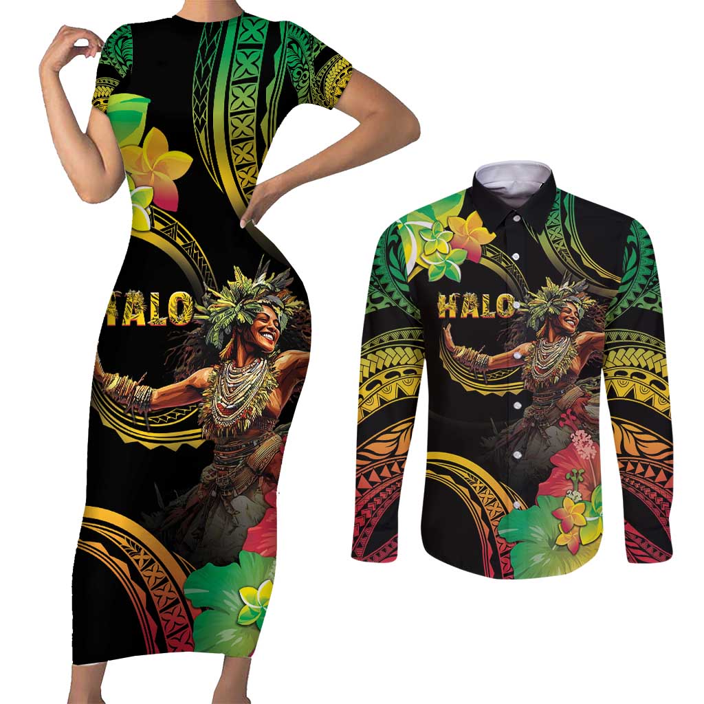 Halo Vanuatu Couples Matching Short Sleeve Bodycon Dress and Long Sleeve Button Shirt Beautiful Woman Dancing