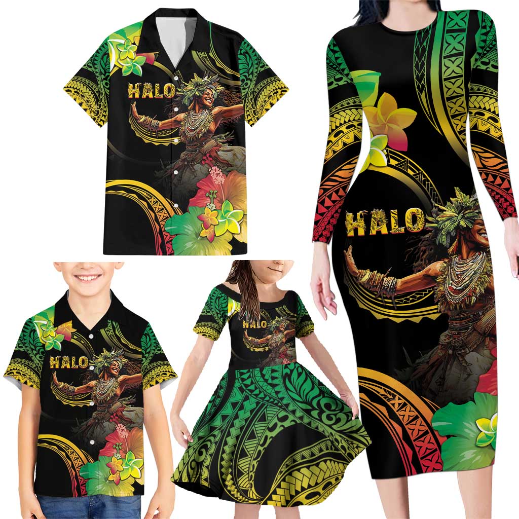 Halo Vanuatu Family Matching Long Sleeve Bodycon Dress and Hawaiian Shirt Beautiful Woman Dancing