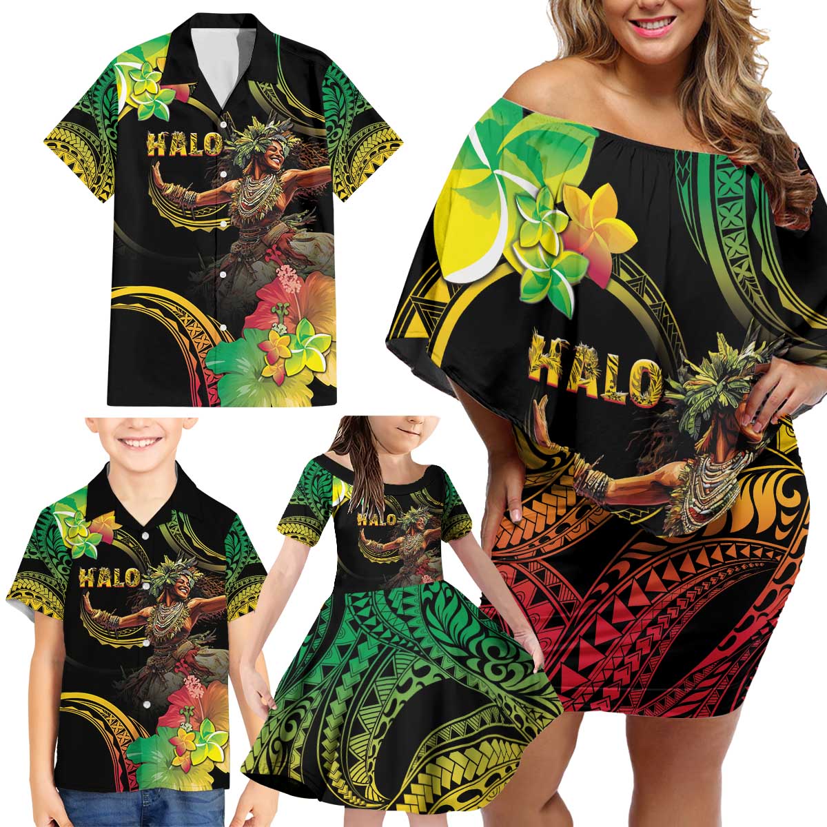 Halo Vanuatu Family Matching Off Shoulder Short Dress and Hawaiian Shirt Beautiful Woman Dancing