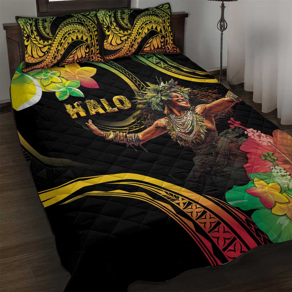 Halo Vanuatu Quilt Bed Set Beautiful Woman Dancing LT05 Black - Polynesian Pride