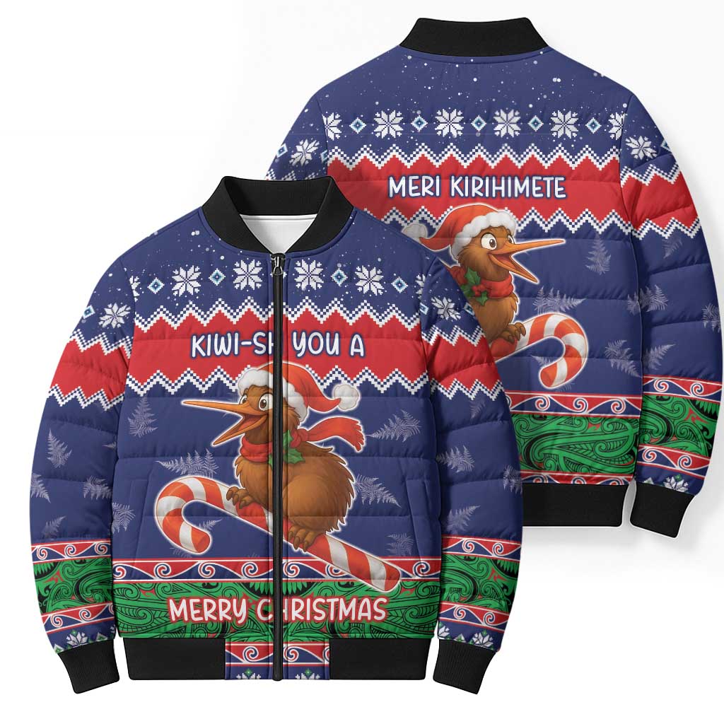 New Zealand Christmas Bomber Puffer Jacket Kiwi-sh You A Merry Christmas - Polynesian Pride