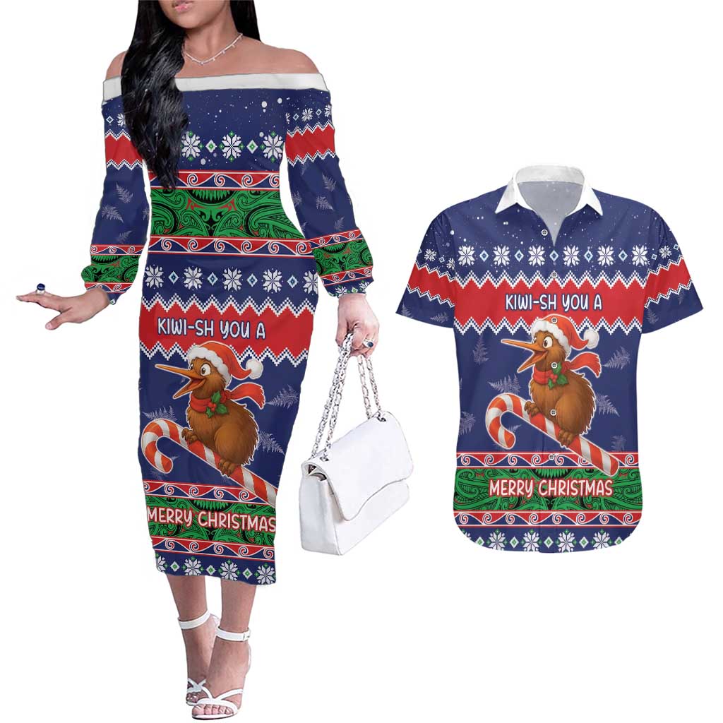 New Zealand Christmas Couples Matching Off The Shoulder Long Sleeve Dress and Hawaiian Shirt Kiwi-sh You A Merry Christmas - Polynesian Pride