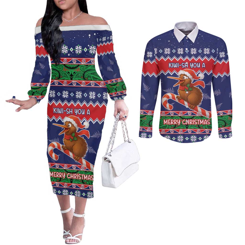 New Zealand Christmas Couples Matching Off The Shoulder Long Sleeve Dress and Long Sleeve Button Shirt Kiwi-sh You A Merry Christmas - Polynesian Pride