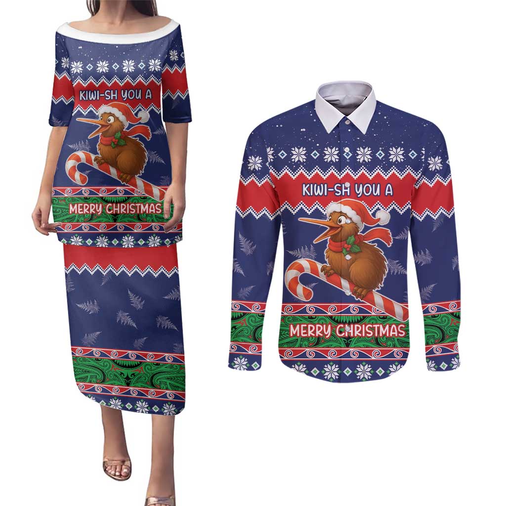 New Zealand Christmas Couples Matching Puletasi and Long Sleeve Button Shirt Kiwi-sh You A Merry Christmas - Polynesian Pride