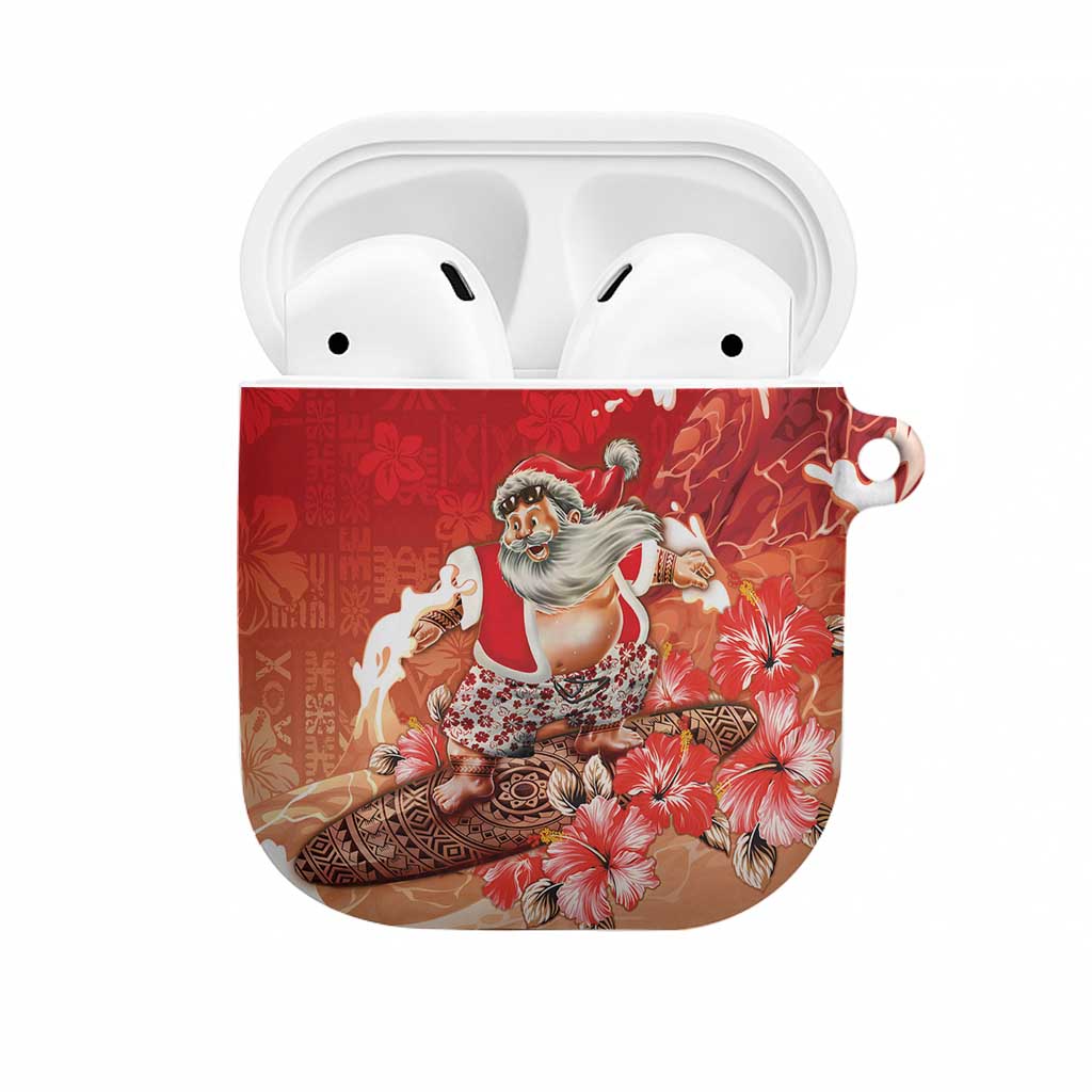 Hawaii Funny Christmas AirPods Case Santa Surfing With Tapa Pattern LT05 Red - Polynesian Pride