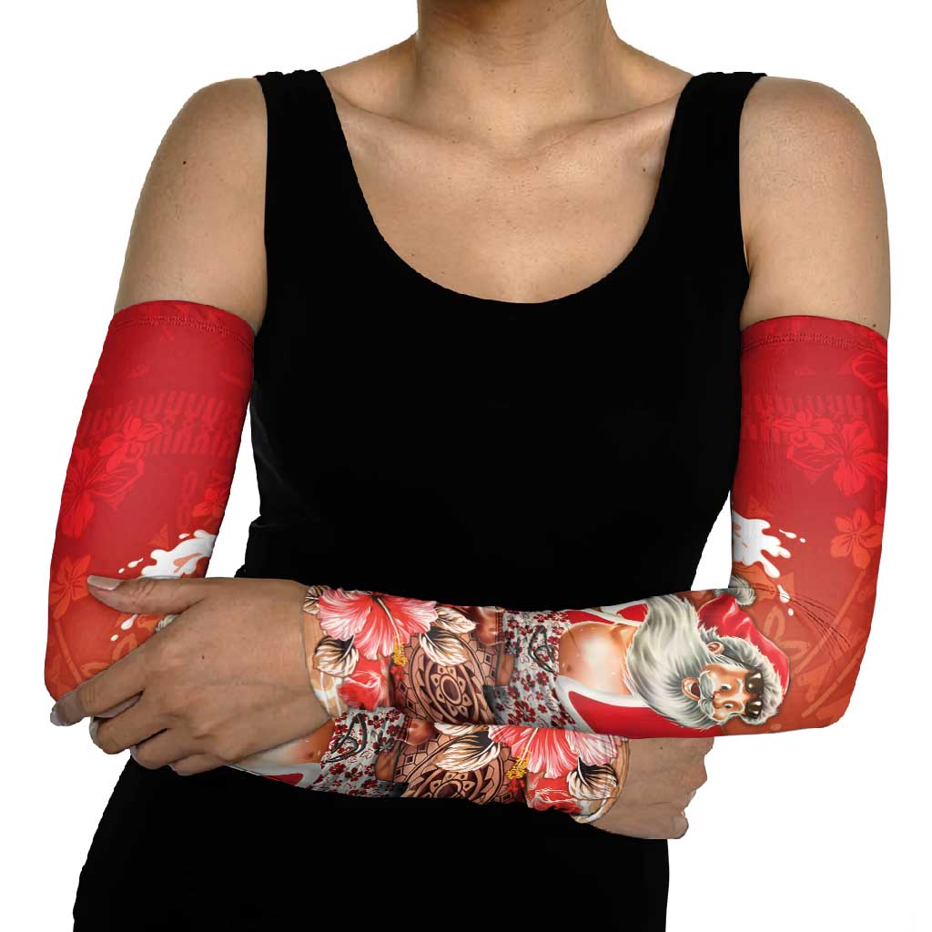 Hawaii Funny Christmas Arm Sleeves Santa Surfing With Tapa Pattern - Polynesian Pride