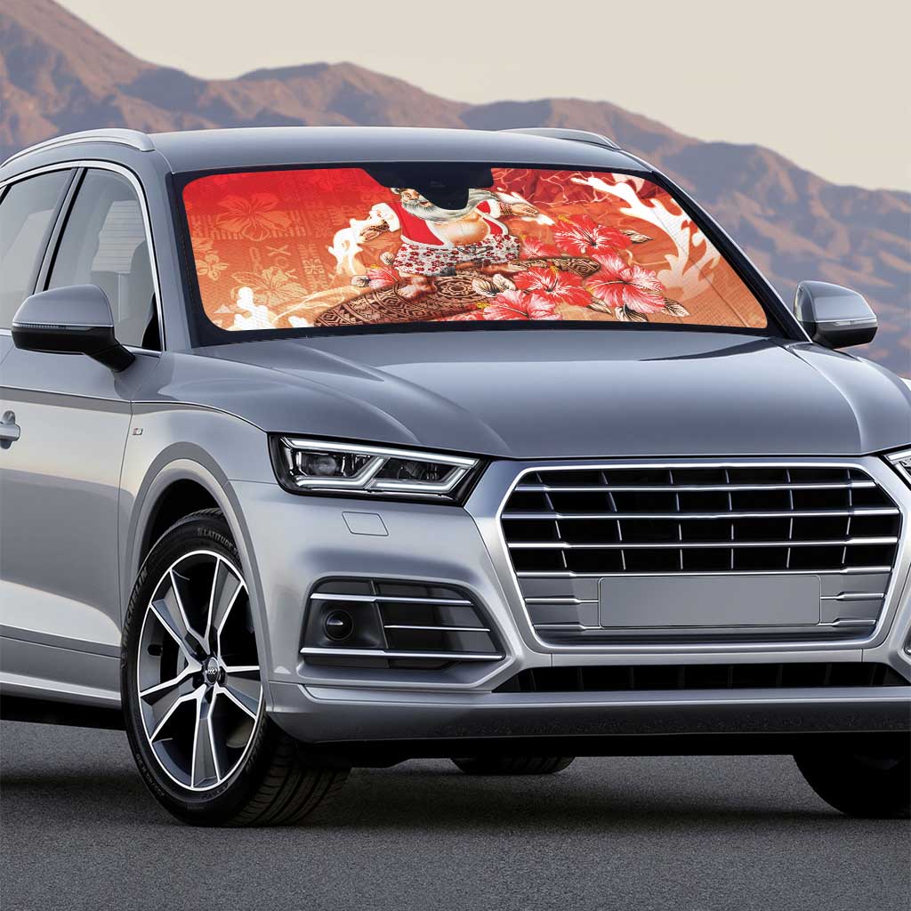 Hawaii Funny Christmas Auto Sun Shade Santa Surfing With Tapa Pattern - Polynesian Pride