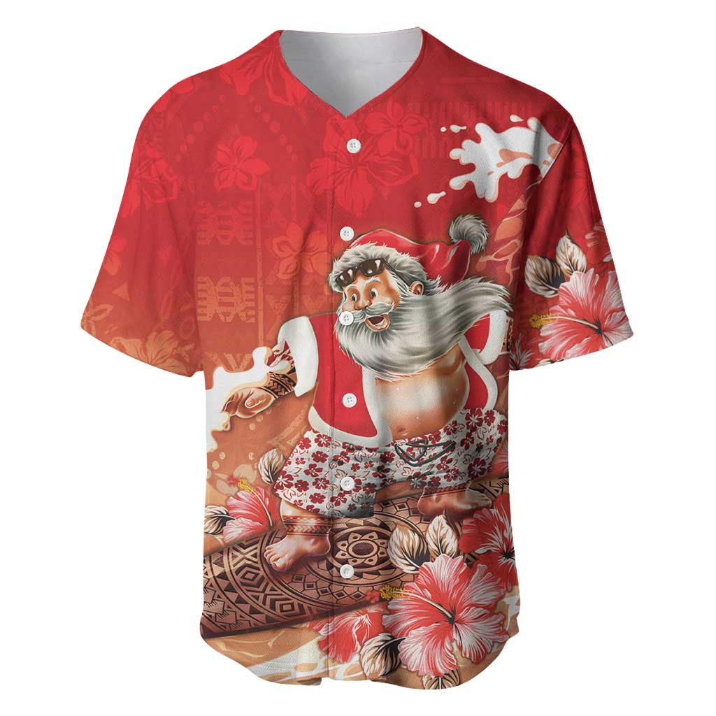 Hawaii Funny Christmas Baseball Jersey Santa Surfing With Tapa Pattern - Polynesian Pride