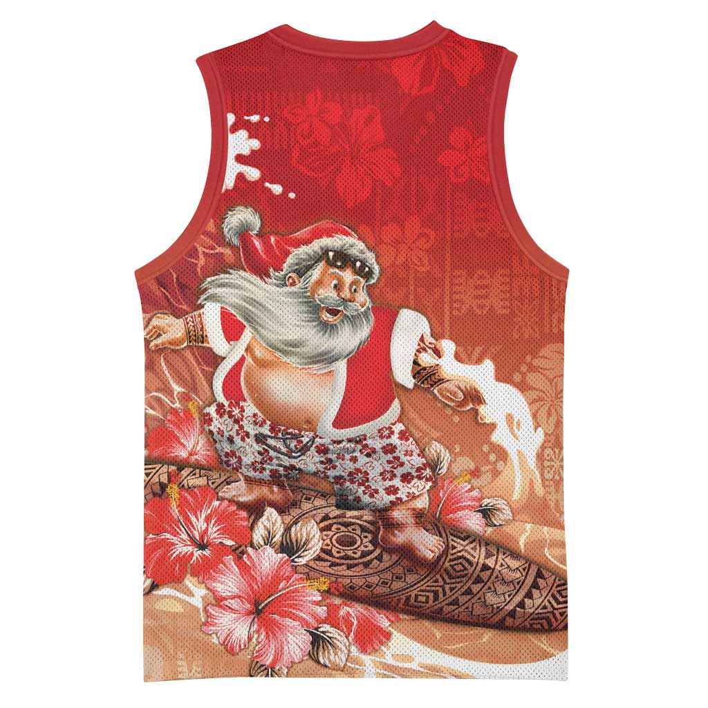 Hawaii Funny Christmas Basketball Jersey Santa Surfing With Tapa Pattern LT05 - Polynesian Pride