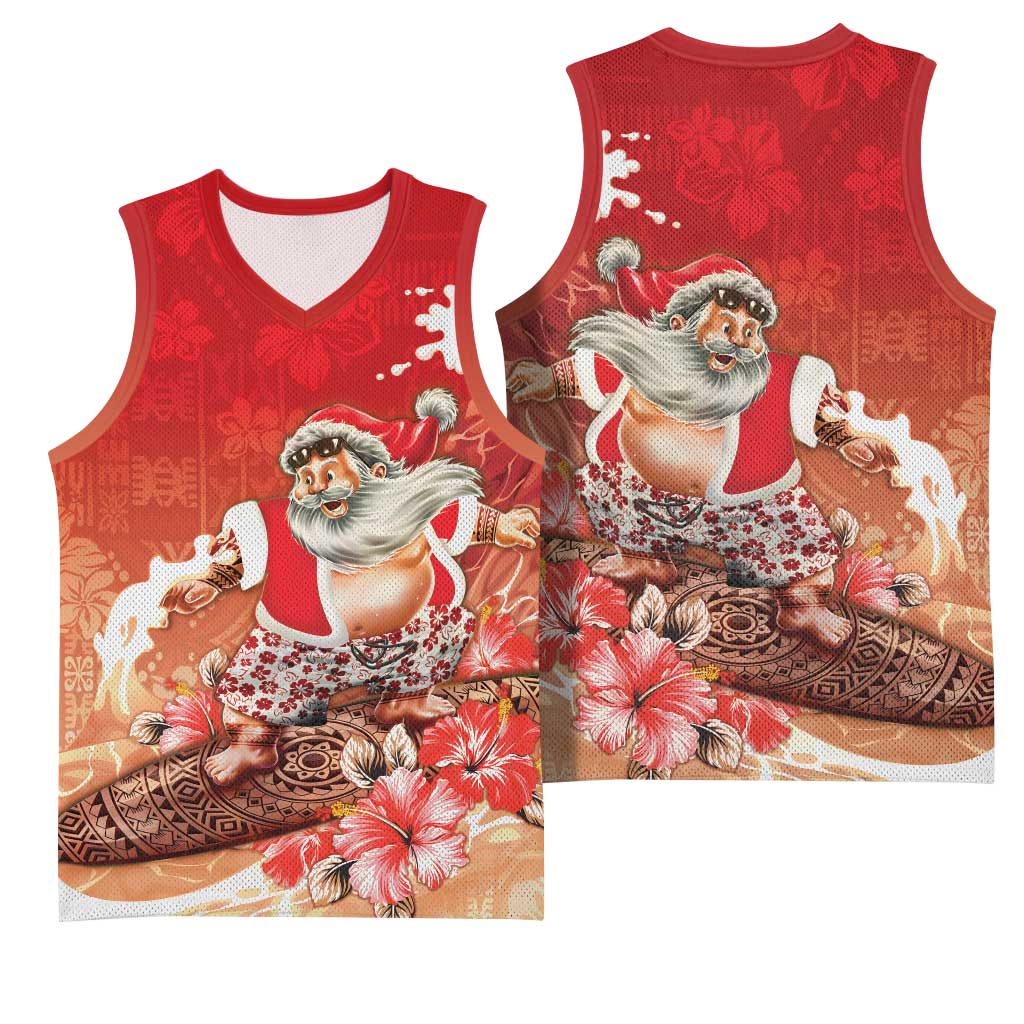 Hawaii Funny Christmas Basketball Jersey Santa Surfing With Tapa Pattern LT05 - Polynesian Pride