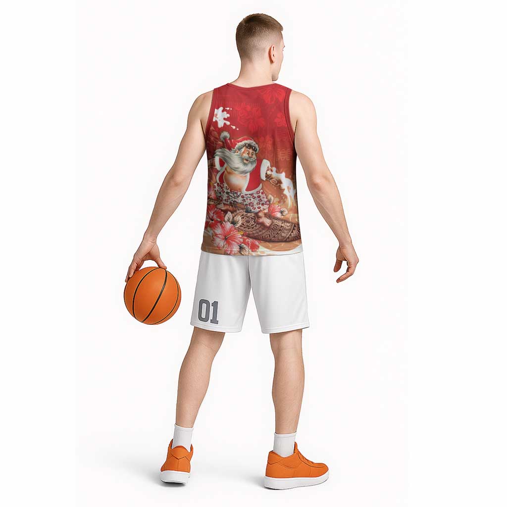 Hawaii Funny Christmas Basketball Jersey Santa Surfing With Tapa Pattern LT05 - Polynesian Pride
