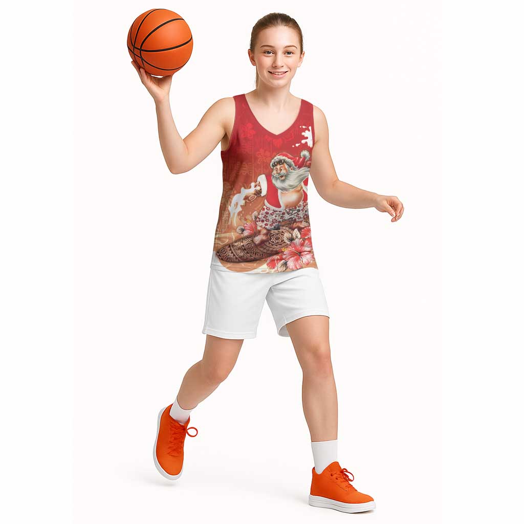 Hawaii Funny Christmas Basketball Jersey Santa Surfing With Tapa Pattern LT05 - Polynesian Pride