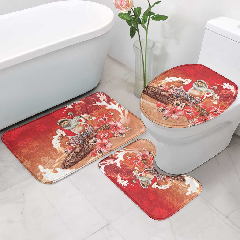 Hawaii Funny Christmas Bathroom Set Santa Surfing With Tapa Pattern - Polynesian Pride