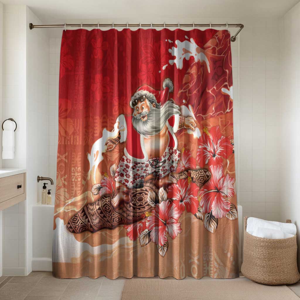 Hawaii Funny Christmas Bathroom Set Santa Surfing With Tapa Pattern - Polynesian Pride