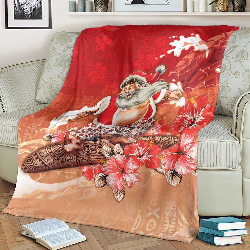 Hawaii Funny Christmas Blanket Santa Surfing With Tapa Pattern - Polynesian Pride