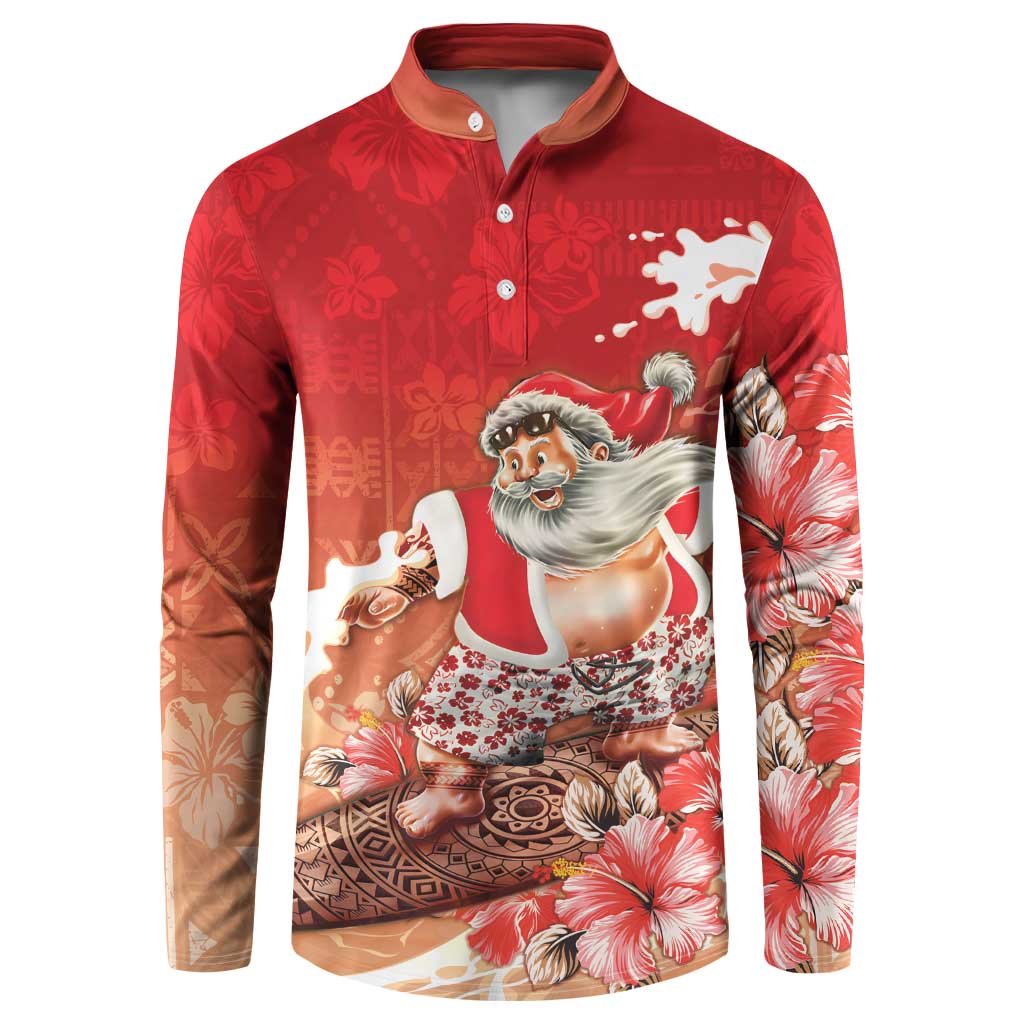 Hawaii Funny Christmas Button Sweatshirt Santa Surfing With Tapa Pattern LT05 Red - Polynesian Pride