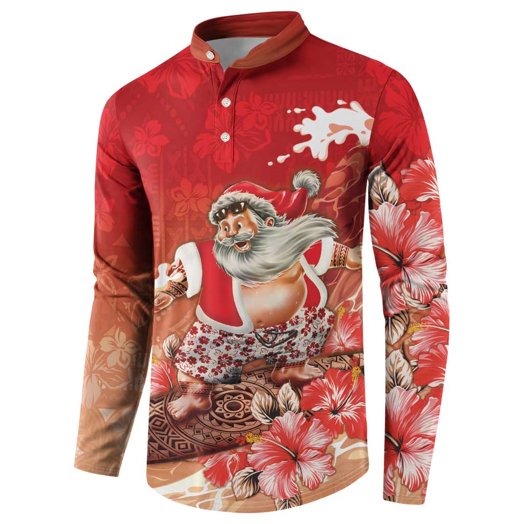 Hawaii Funny Christmas Button Sweatshirt Santa Surfing With Tapa Pattern LT05 - Polynesian Pride