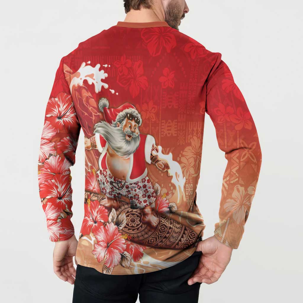 Hawaii Funny Christmas Button Sweatshirt Santa Surfing With Tapa Pattern LT05 - Polynesian Pride