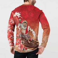 Hawaii Funny Christmas Button Sweatshirt Santa Surfing With Tapa Pattern LT05 - Polynesian Pride
