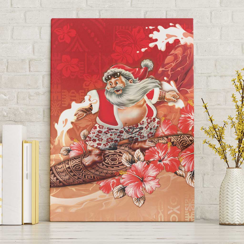 Hawaii Funny Christmas Canvas Wall Art Santa Surfing With Tapa Pattern LT05 Without Frame Red - Polynesian Pride