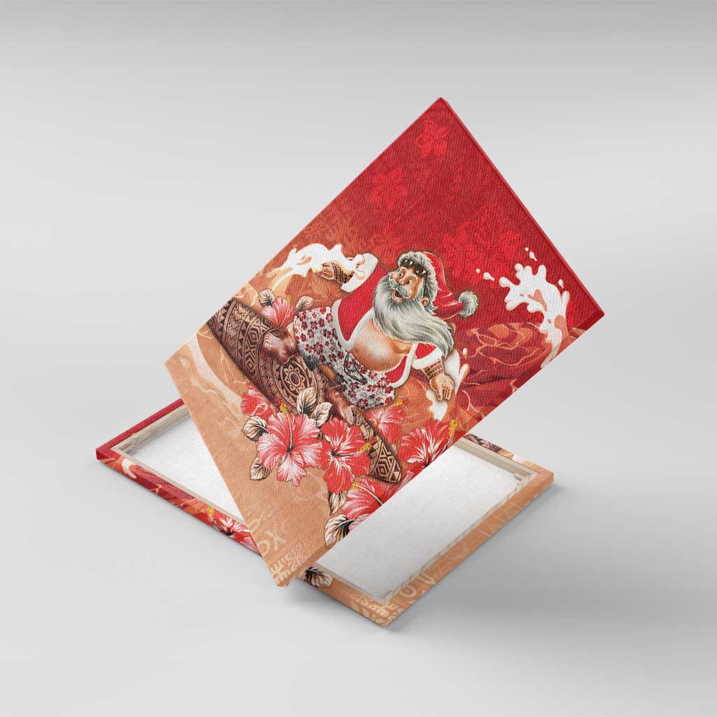 Hawaii Funny Christmas Canvas Wall Art Santa Surfing With Tapa Pattern LT05 With Frame Red - Polynesian Pride