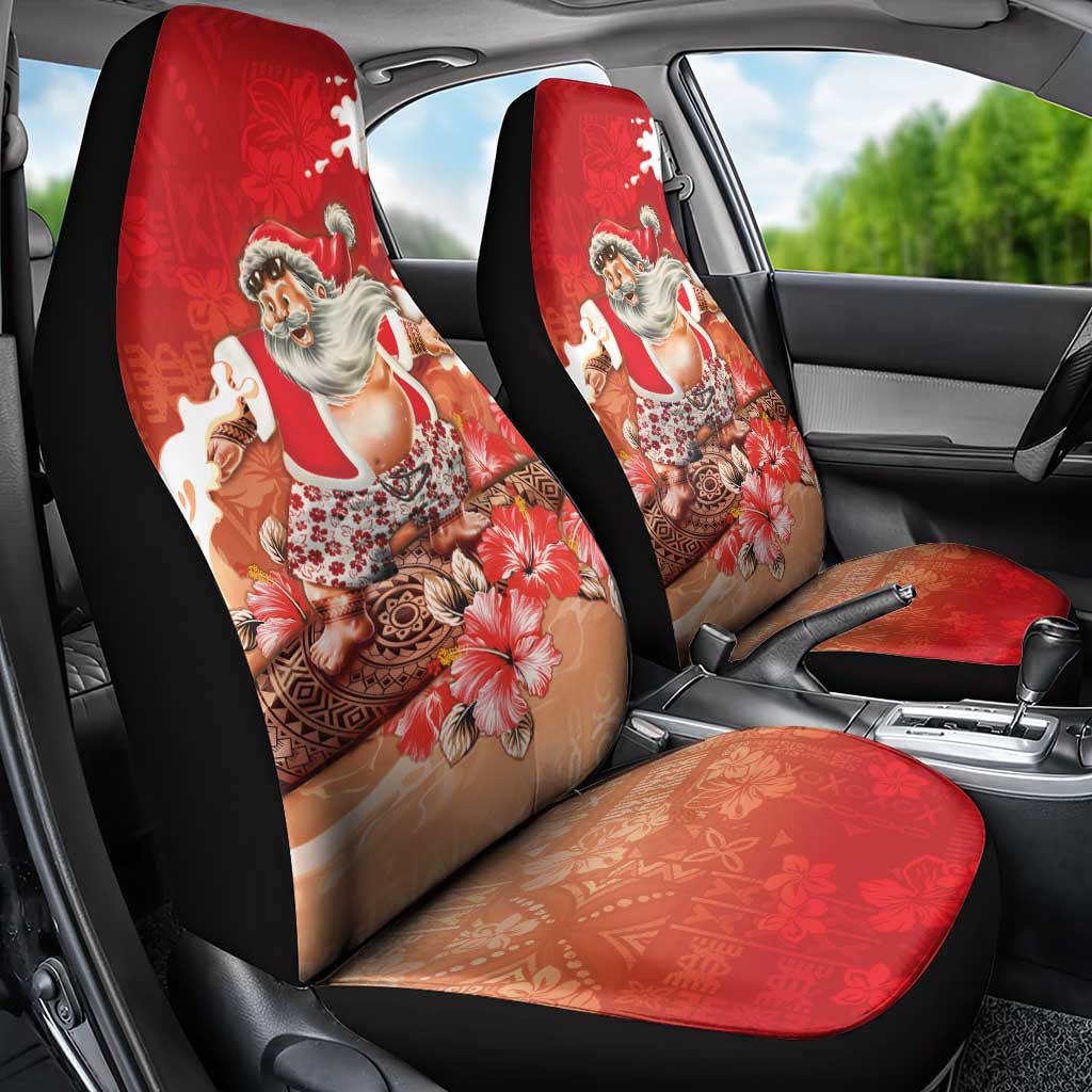 Hawaii Funny Christmas Car Seat Cover Santa Surfing With Tapa Pattern - Polynesian Pride