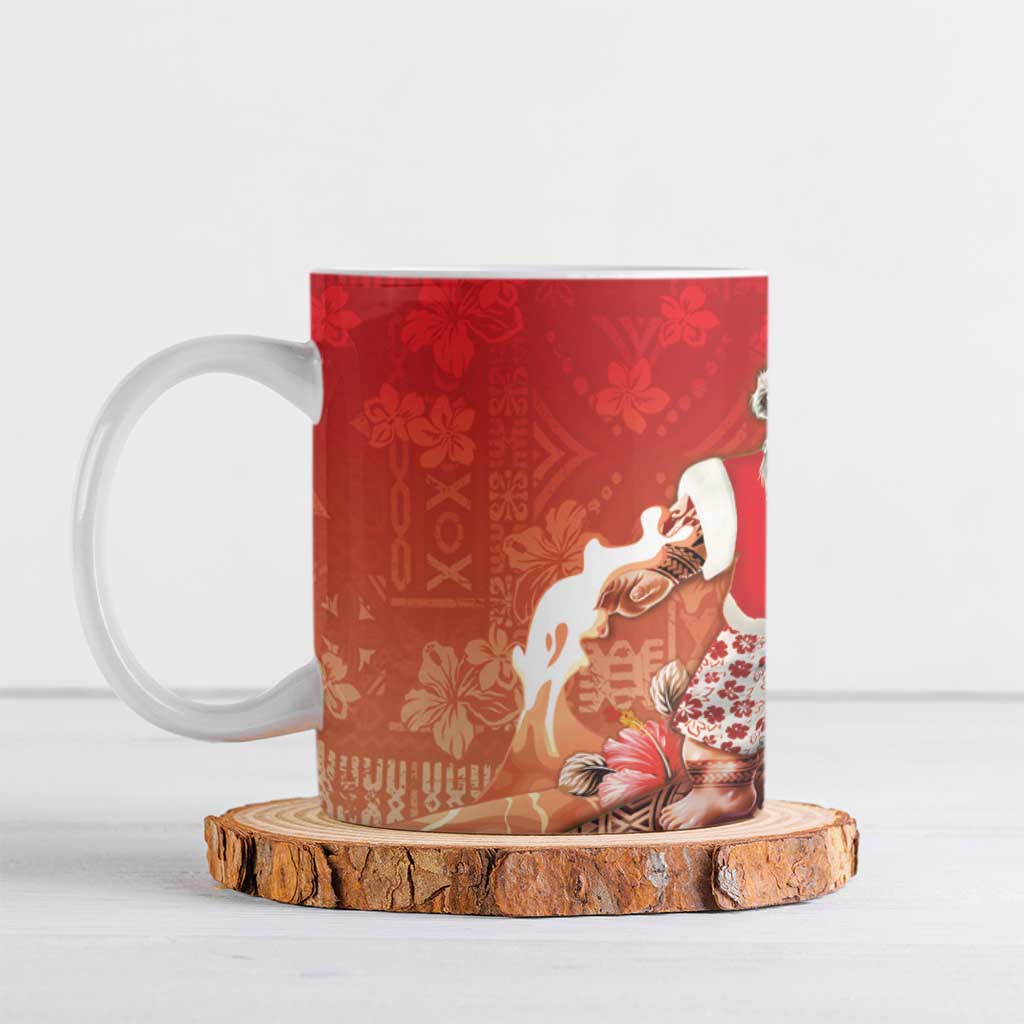Hawaii Funny Christmas Ceramic Mug Santa Surfing With Tapa Pattern LT05 Red - Polynesian Pride
